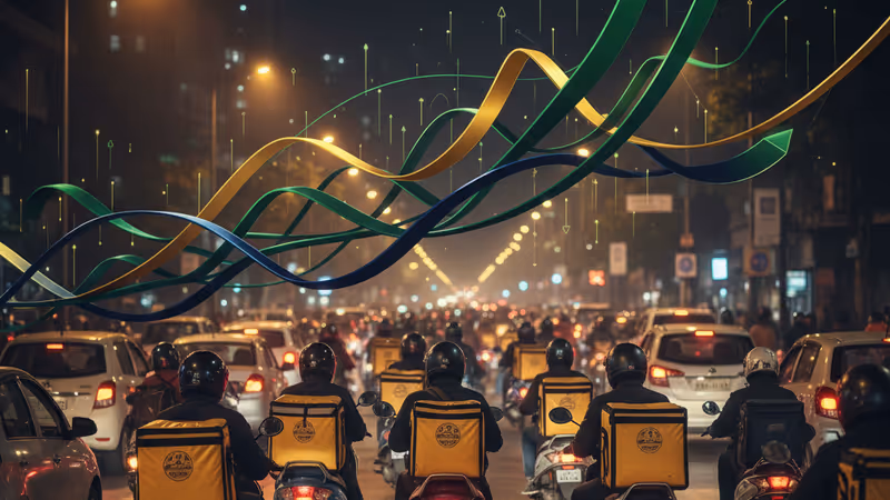 밤거리에서 신호를 대기 중인 인도 배달 플랫폼 라이더들