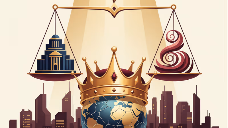 금이 간 지구본 위에 놓인 황금 왕관과 어두운 배경