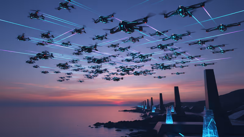 在軍事港口上空飛行的密集群集無人機示意圖