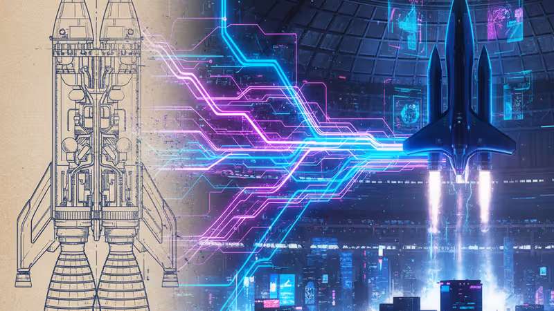 Iconic blueprint of a Rocketdyne rocket engine