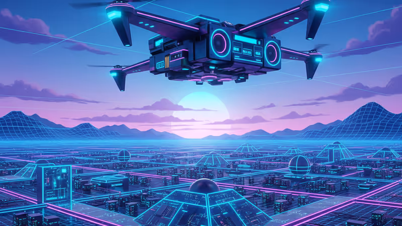 미래형 드론과 하이테크 데이터 센터가 결합된 전경