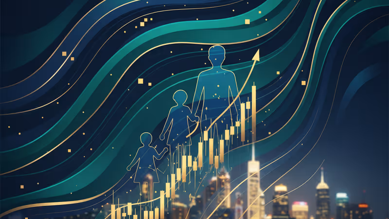 アジアの都市を背景に、家族のシルエットと人口動態のグラフが重なるイメージ。