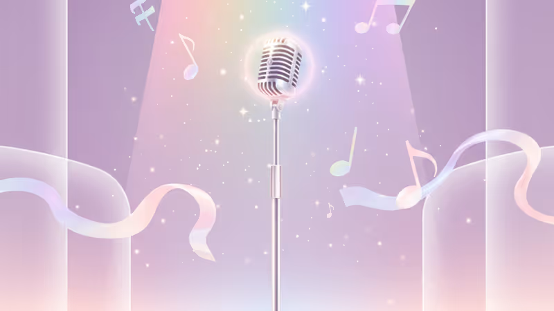 무지개 빛 조명이 비치는 무대 위 마이크 스탠드