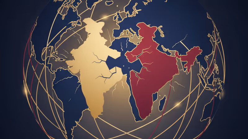 인도와 러시아의 국기 색상이 혼합된 추상적인 세계 지도 배경