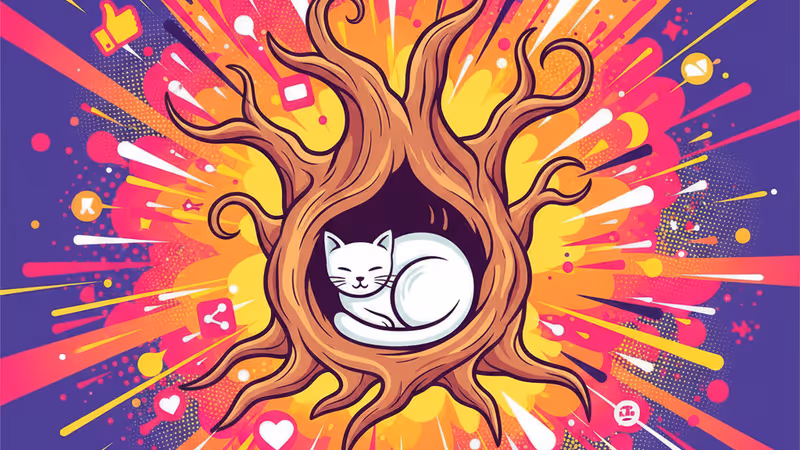 古木の節の中に座る白い猫の幻想的な写真