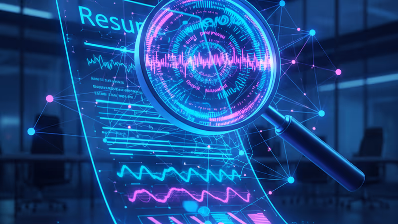 AI가 이력서 내용을 수정하고 있는 디지털 홀로그램 이미지