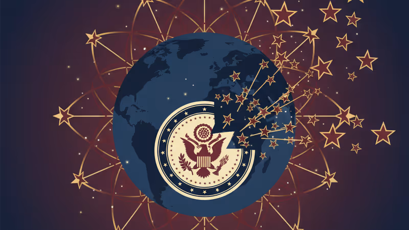 미국 연방 정부 건물의 실루엣과 주 정부의 권한 강화를 상징하는 지도 그래픽