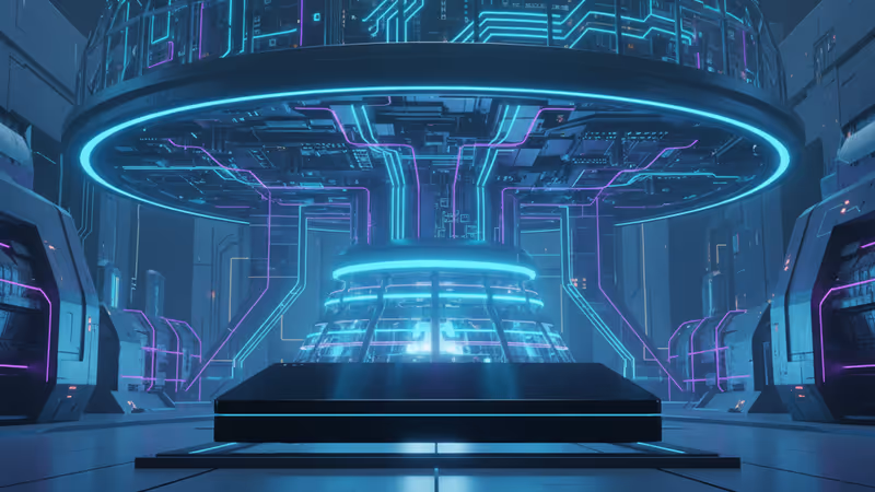 AIデータセンターと原子力発電所の冷却塔が融合した未来的なイメージ