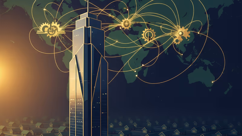 월스트리트 고층 빌딩과 교외 주택가가 대비되는 모습