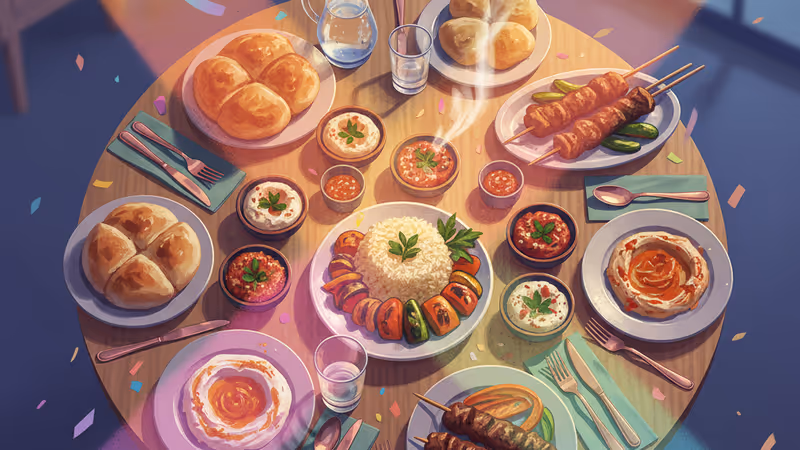 A rich spread of traditional Turkish dishes on a table