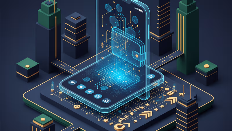 블록체인 네트워크와 연결된 디지털 뱅킹 앱 화면