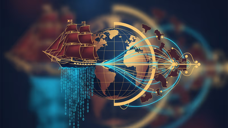 Conceptual image showing a colonial ship merging into digital data streams