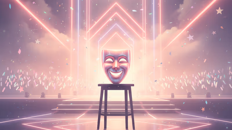 ステージ上のマイクと、悲しみと喜びを象徴する仮面のイメージ