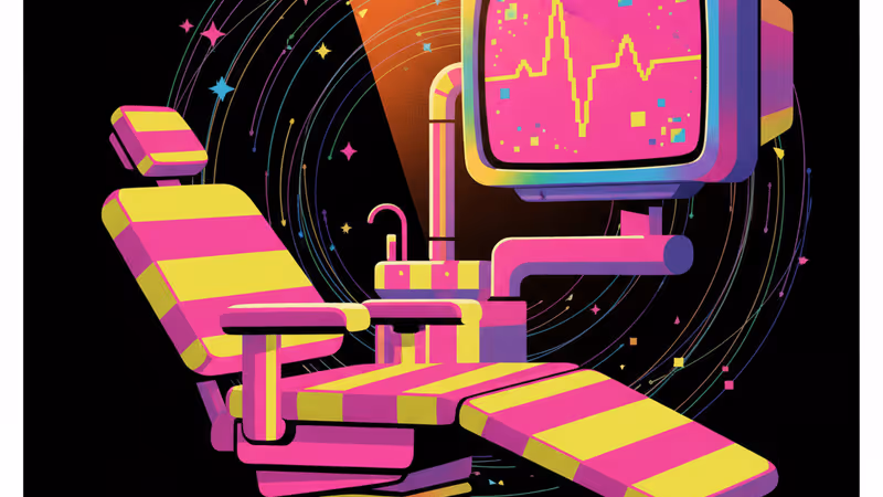 치과 진료 의자와 대조되는 슬픈 분위기의 배경