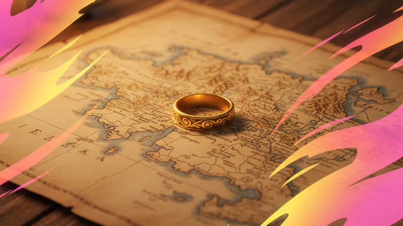 A weathered map of Middle-earth with the One Ring on a table