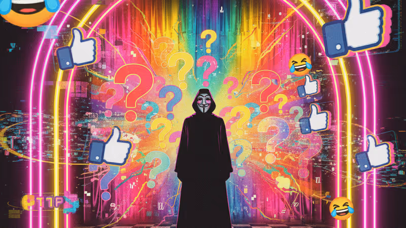 화려한 조명 아래 서 있는 신비로운 복면 출연자의 실루엣