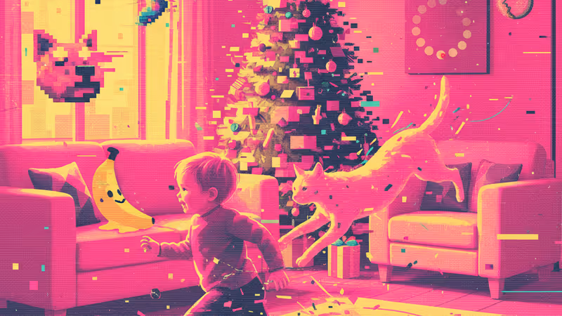 80年代風のセーターを着てポーズをとる、少しおかしなクリスマス家族写真。