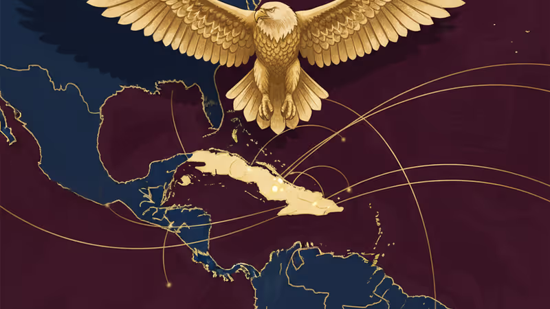 美洲地圖上疊加著象徵美國力量的現代標誌