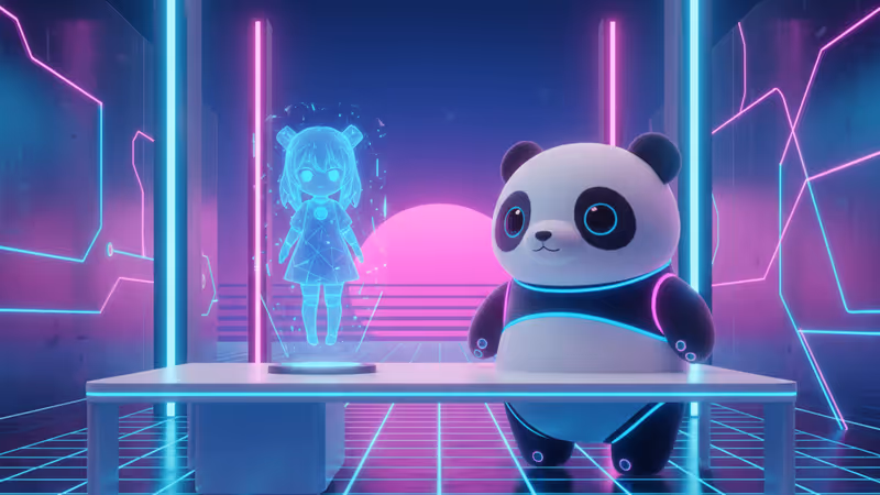 CES 2026 전시장에 진열된 홀로그램 비서와 AI 팬더 로봇의 모습