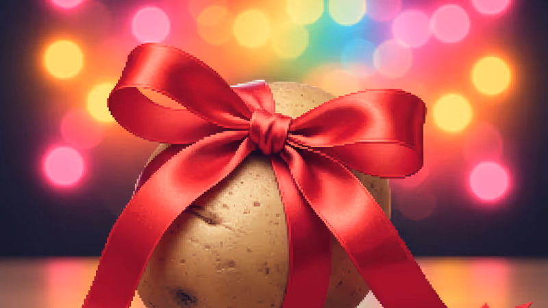 A single potato wrapped in a luxury red ribbon