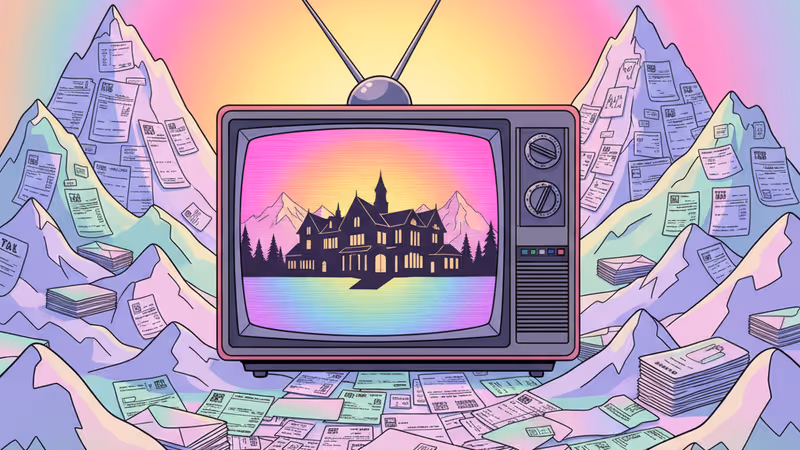 A cracked analog TV screen with piles of tax bills on top