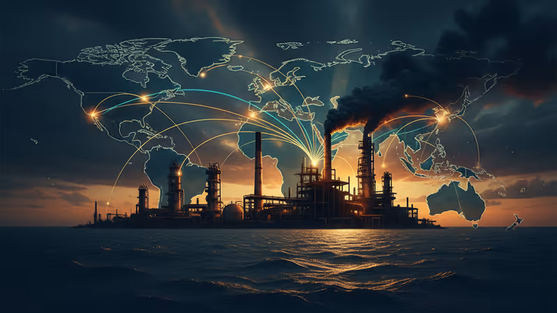 노후된 베네수엘라 석유 정제 시설과 오염된 주변 전경