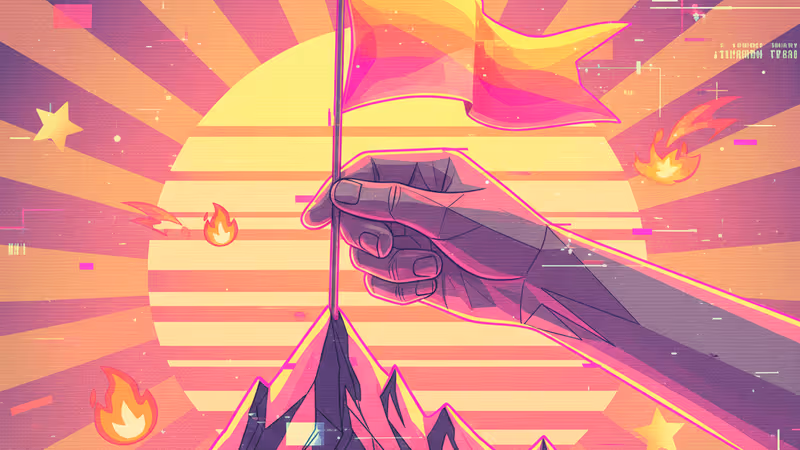 산 정상에 성공의 깃발을 꽂는 손의 모습