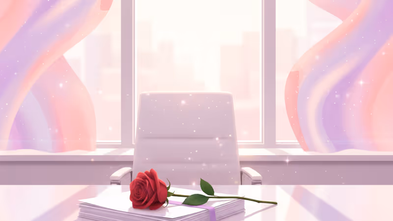 オフィスビルを背景に、向かい合う上司と秘書のシルエットが描かれたロマンチックなイメージ。