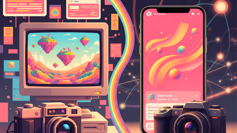 필름 카메라와 현대식 스마트폰이 대비된 감성적인 이미지