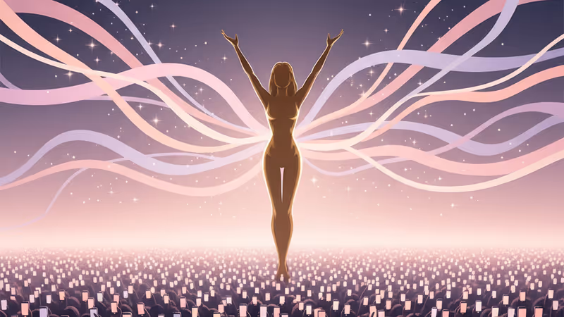 화려한 공연장 무대 위에서 조명을 받는 아티스트의 실루엣