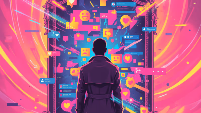 一位站在鏡前被各種社交標籤包圍的數位插画