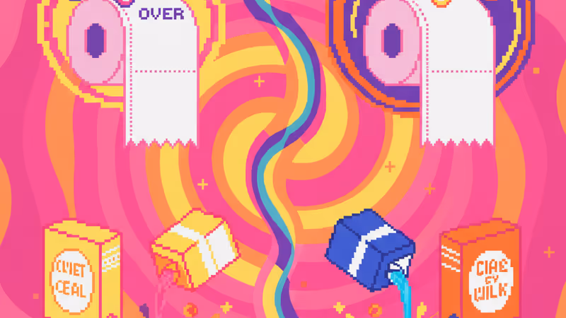 화장지 방향과 시리얼 그릇이 대조를 이루는 일러스트 이미지