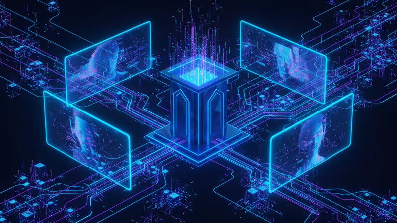 A priest's face distorted by digital glitch on screens