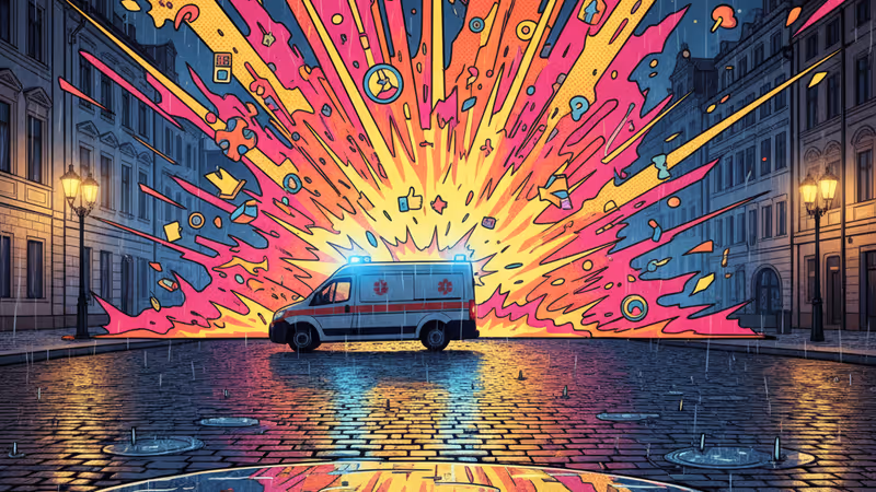 Prague street at night with blue emergency lights reflection