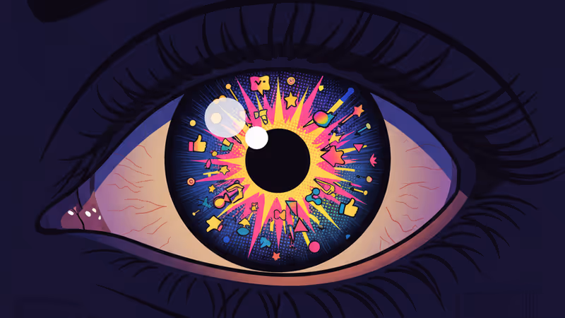 Close-up of an eye reflecting a glowing social media feed on a smartphone