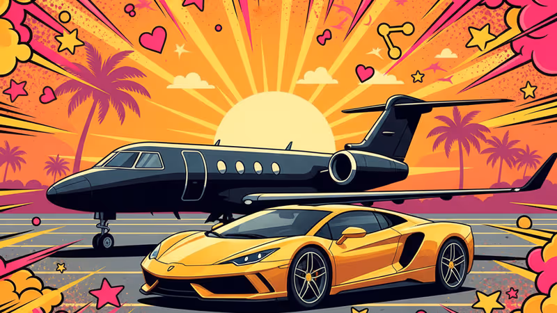 A black private jet and a gold supercar on a private runway