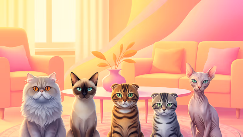 リビングで集会を開き、飼い主をじっと見つめる猫たちの様子