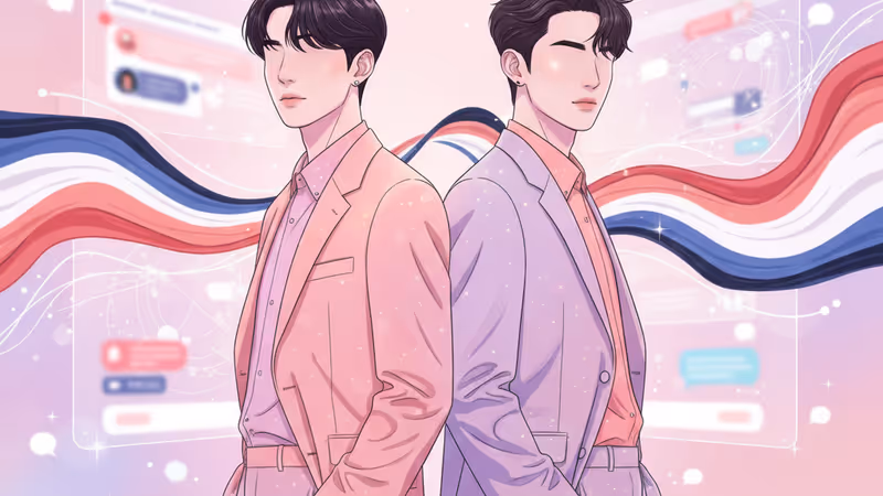 タイ俳優BillyとBabeが並び、デジタルノイズが背景に流れるイメージ