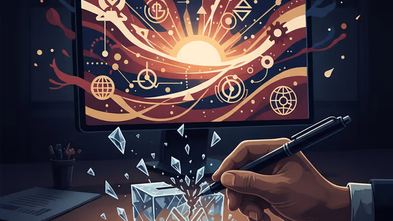 창살 그림자가 비치는 책상 위에서 펜을 쥔 채 망설이는 기자의 손