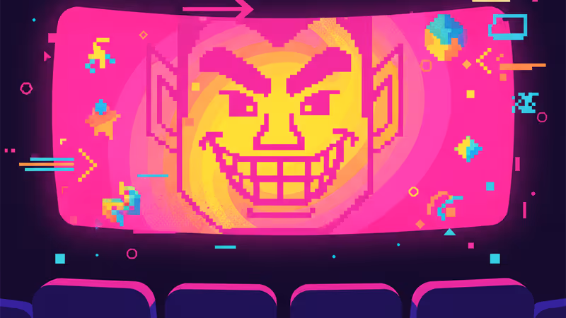 Close-up of a classic movie villain on a theater screen