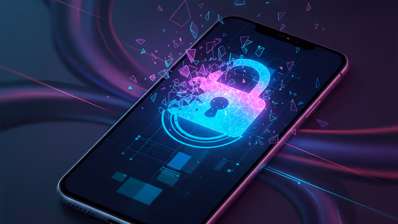 스마트폰 화면에 나타난 보안 취약 SMS 링크와 파손된 자물쇠 아이콘.