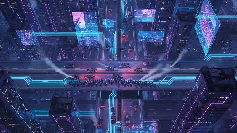 야간 도심 시위 현장에서 경광등 아래 대치 중인 경찰 병력