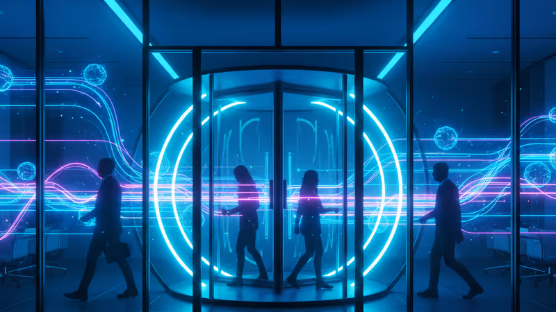 OpenAIとThinking Machinesのロゴが光る近未来的なオフィス。