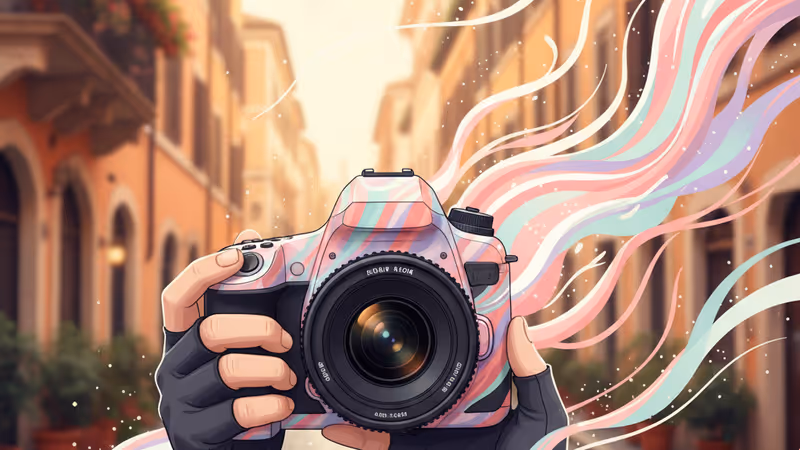 A person holding a camera in a scenic Italian street