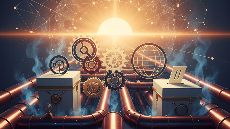 Industrial cooling pipes in a data center with blue lighting