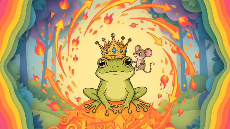 エヴリン・ランバートのスタイルを模した、花束を持つカエルの手描きイラスト