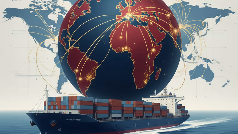 多様な国旗が描かれたコンテナが並ぶ、活気ある中国の貿易港の風景