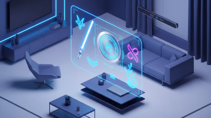 Wide view of a futuristic living room with a holographic screen showing Disney+ content icons.