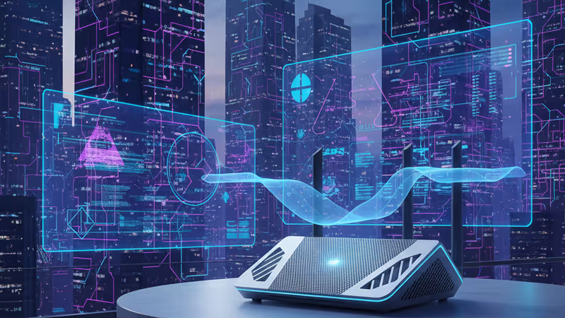 白い棚の上に置かれた最新のWi-Fiルーターと光の演出