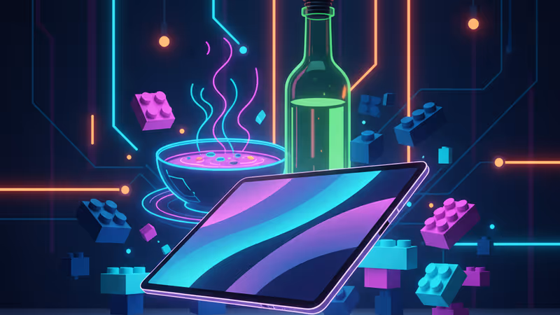 A surreal tech-themed image featuring a bowl of soup, an olive oil bottle, and Lego bricks.